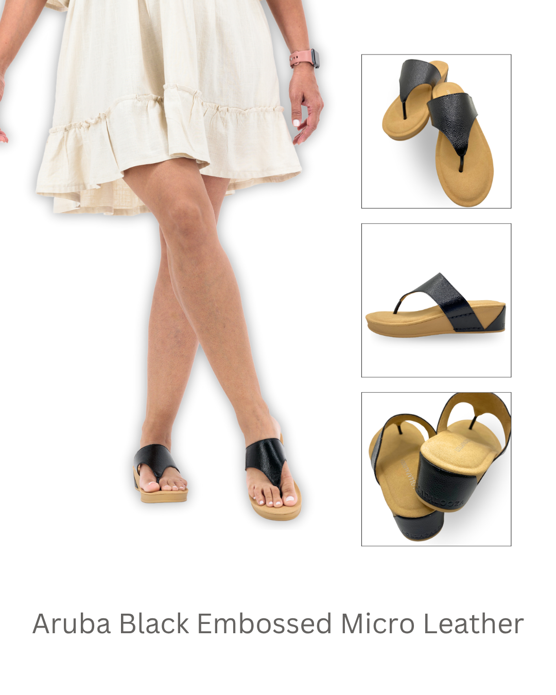 Aruba Thong Wedge Black Embossed Micro Leather