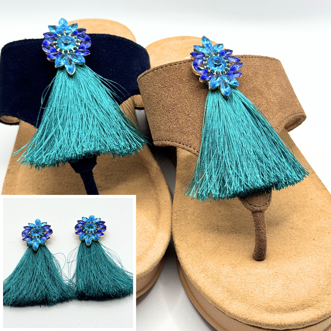 Clip On Turquoise and Green Gems with Long Tassel