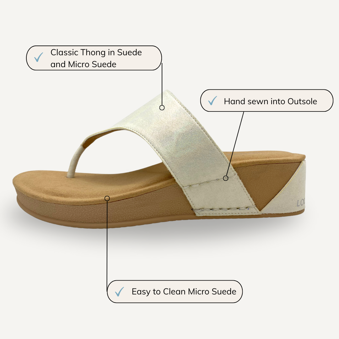 Aruba Thong Wedge Cream Shimmer Micro Suede
