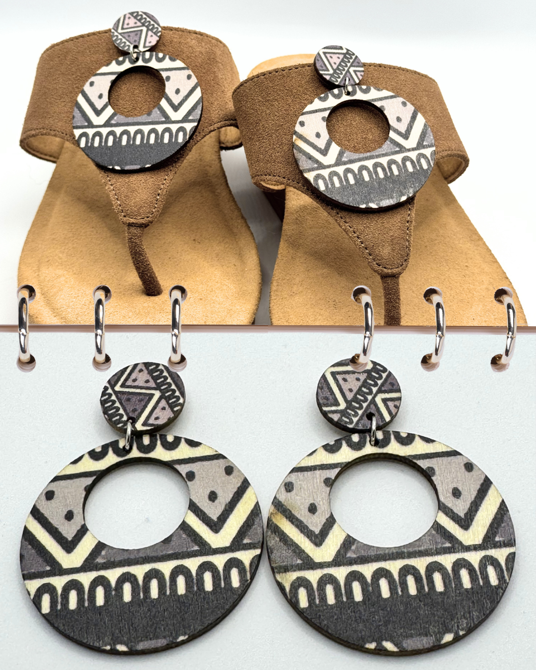 Clip On Wooden Black Cream Gray Aztec Design