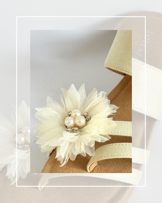 Clip On Medium Cream Fabric Flower with Gold 3 Pearl Centre