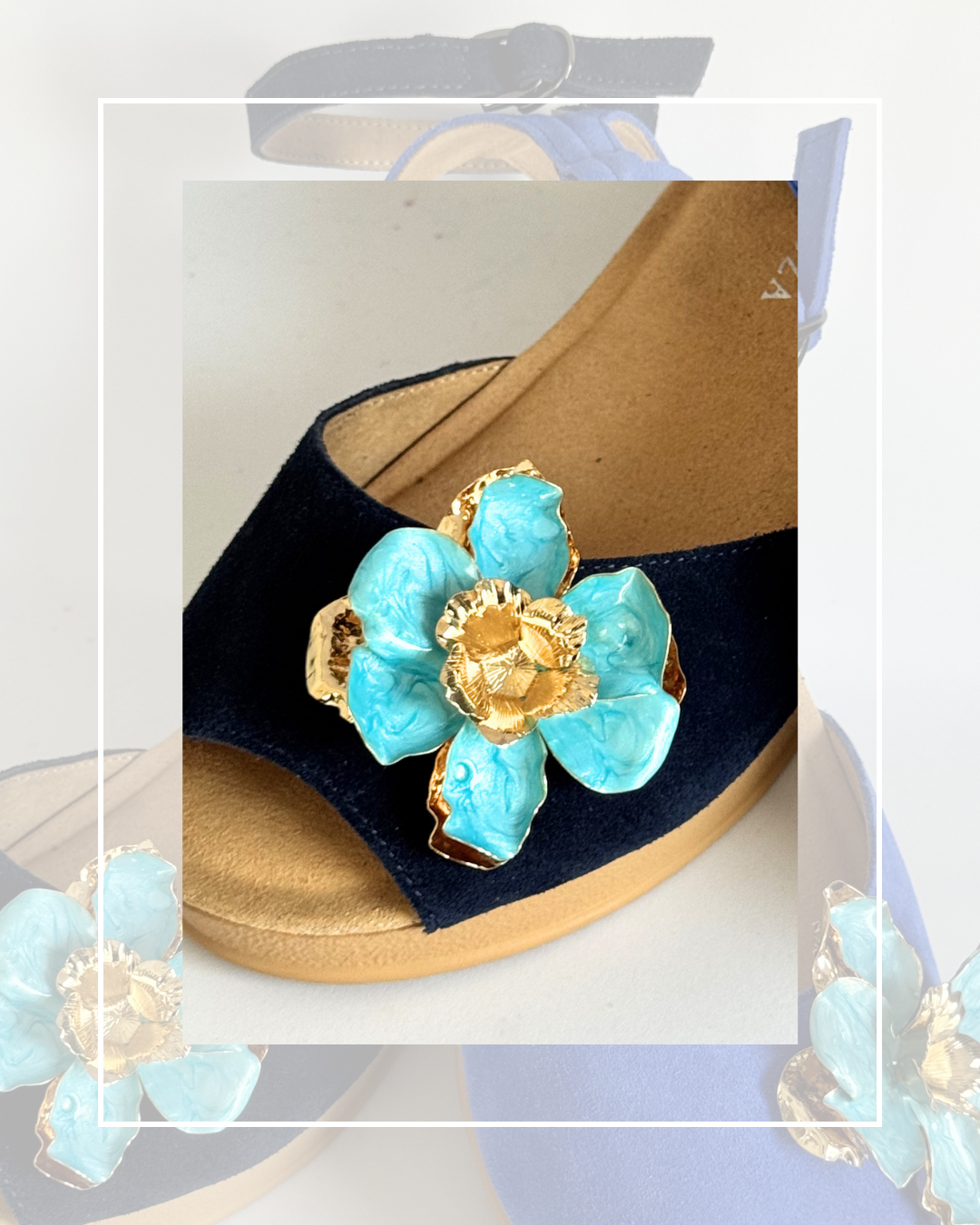 Clip On Large Metal Flowers White Turquoise and Black