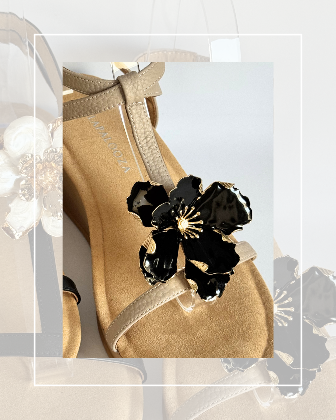 Clip On Large Metal Flowers White Turquoise and Black