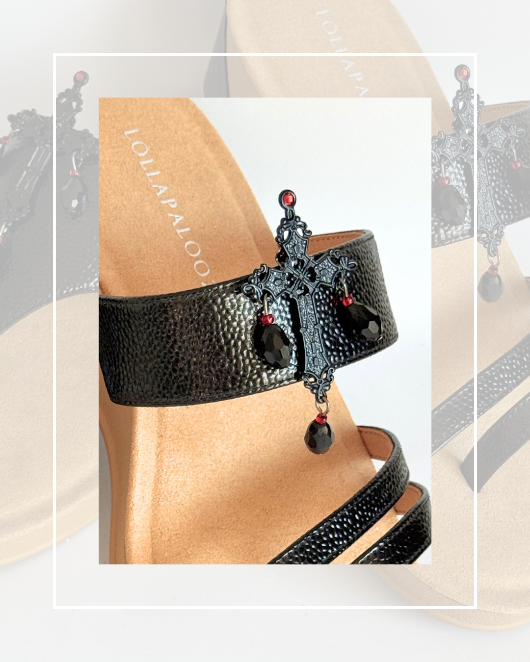 Clip On Black Metal Cross with Red Beads