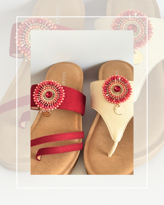Clip On Beaded Pink and Red Disc with Gold Drop and Middle Gem