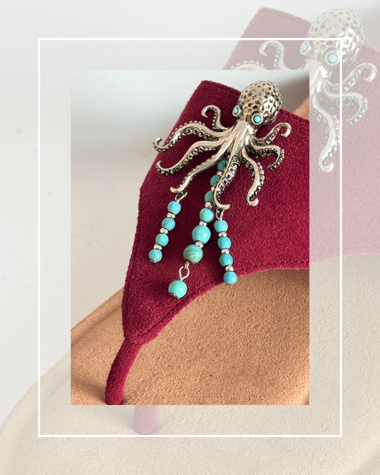 Clip on Silver and Turquoise Blue Octopus