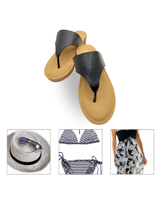 Aruba Thong Wedge Black Embossed Micro Leather