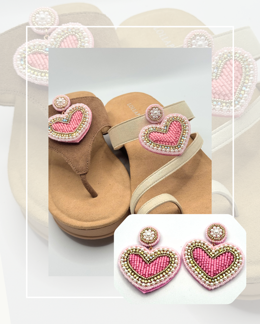 Clip On Beaded Circle and Love Heart Cream Pink and Gold