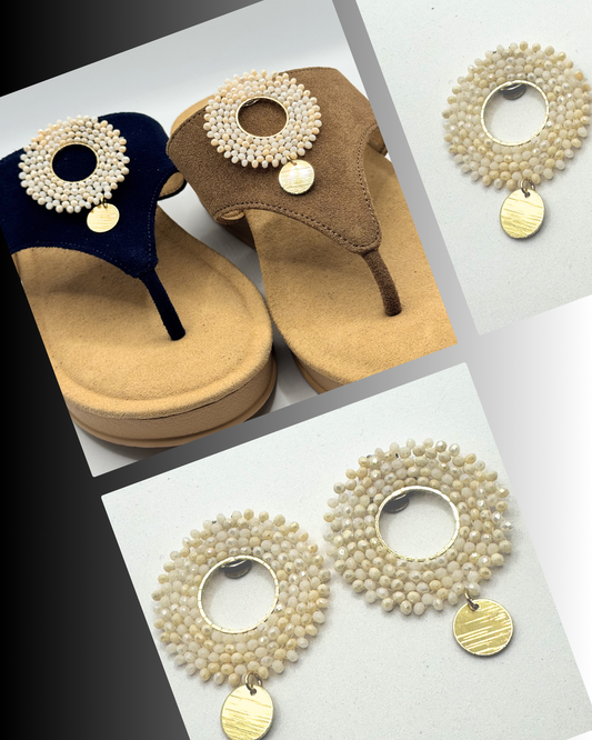 Clip On Disc Beaded Cream and Gold Halo