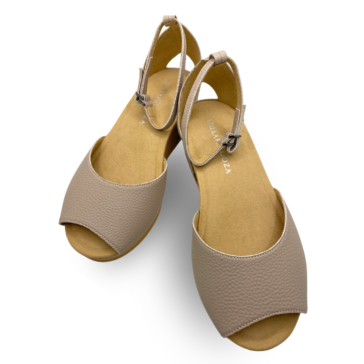 Chiang Mai Sandstone Neutral Micro Leather Peep Toe Wedge – Lollapalooza
