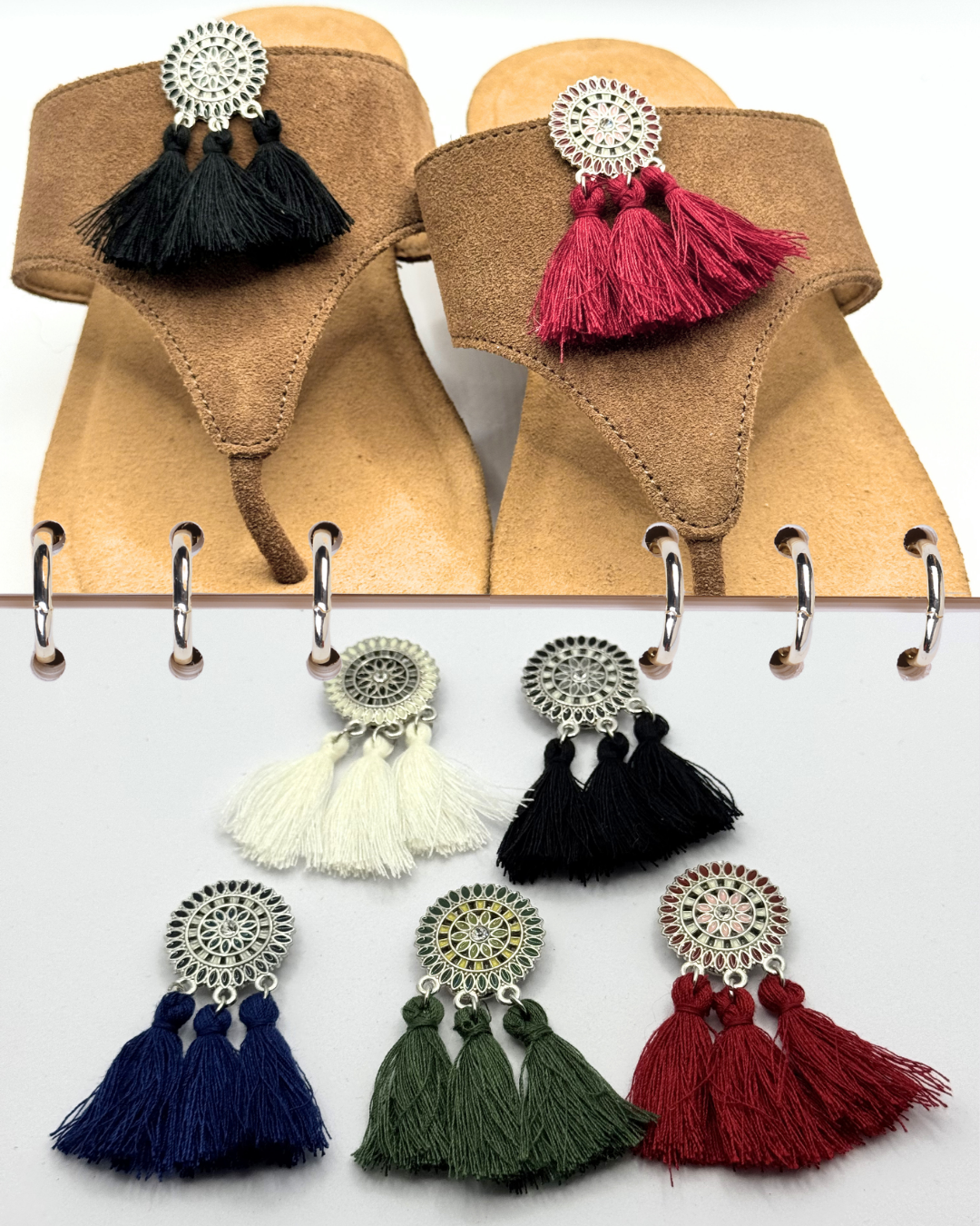 Clip On Metal Round Disc with Cotton Tassels in 5 Colours