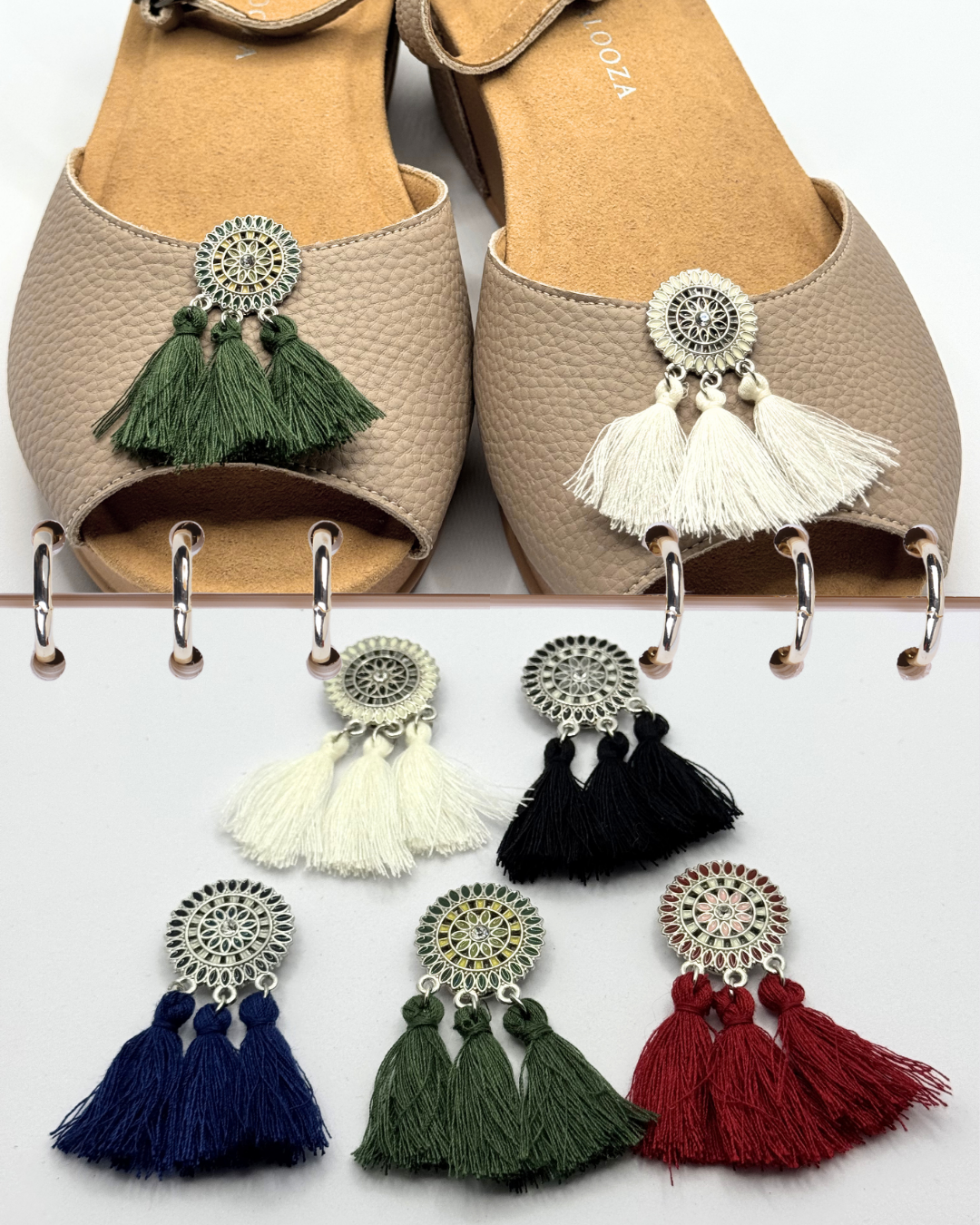 Clip On Metal Round Disc with Cotton Tassels in 5 Colours