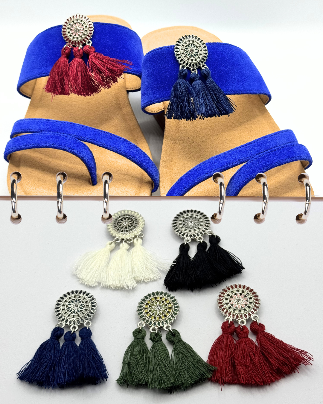 Clip On Metal Round Disc with Cotton Tassels in 5 Colours