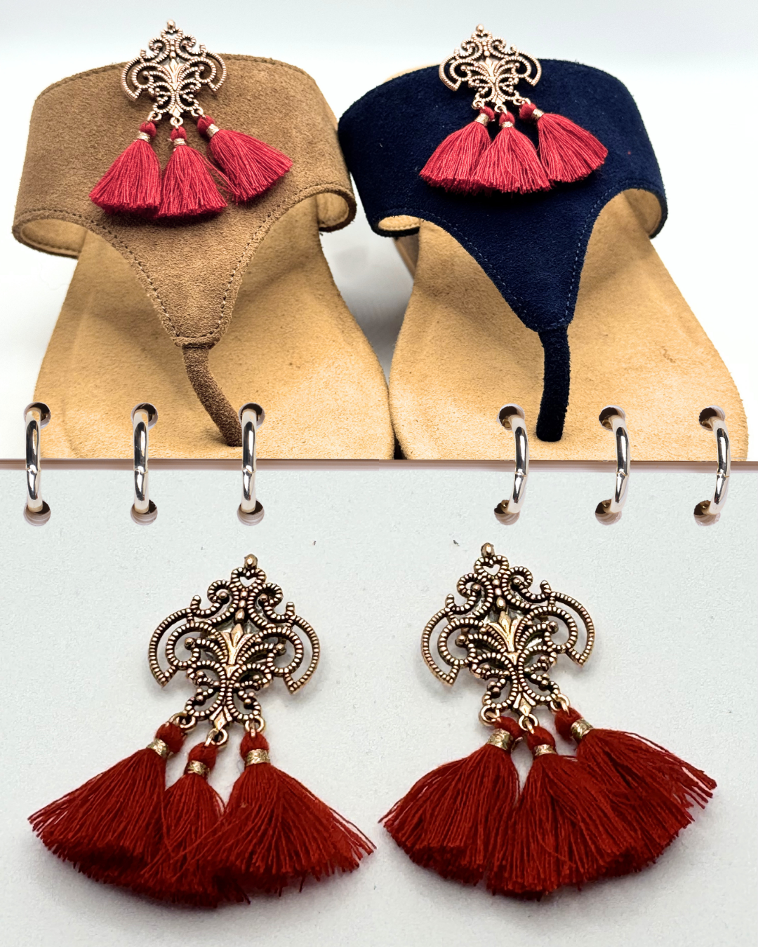 Clip On Metal Ornate Bronze with Cotton Red Tassels