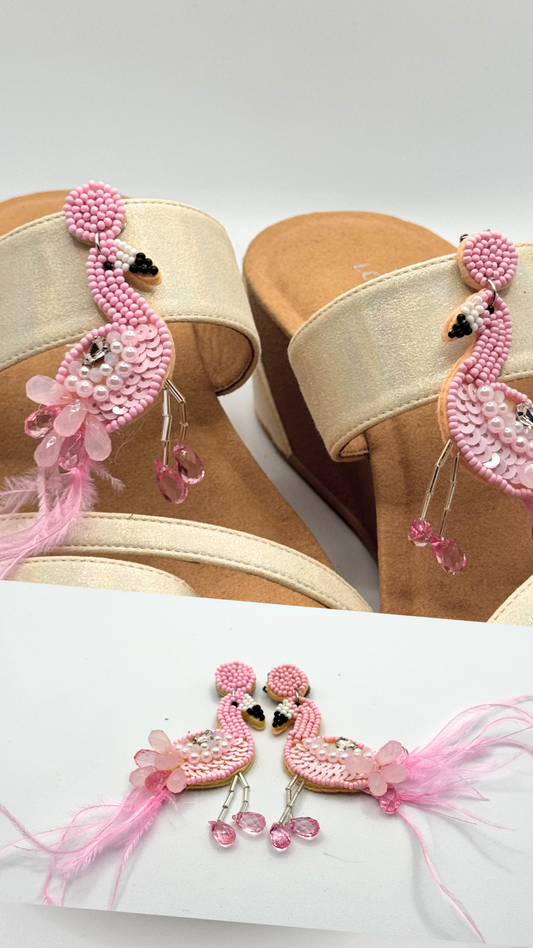 Clip On Pink Beaded and Feathered Flamingoes