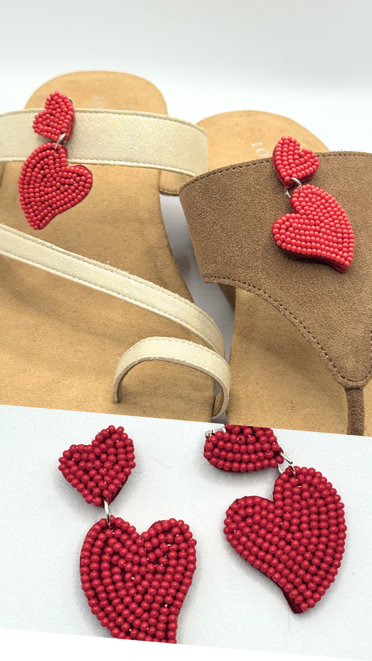 Clip On Red Beaded Lopsided Love Hearts