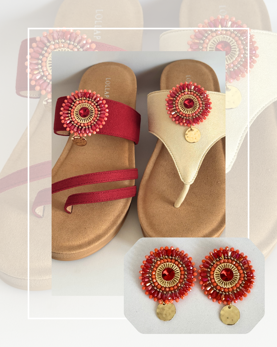 Clip On Beaded Pink and Red Disc with Gold Drop and Middle Gem