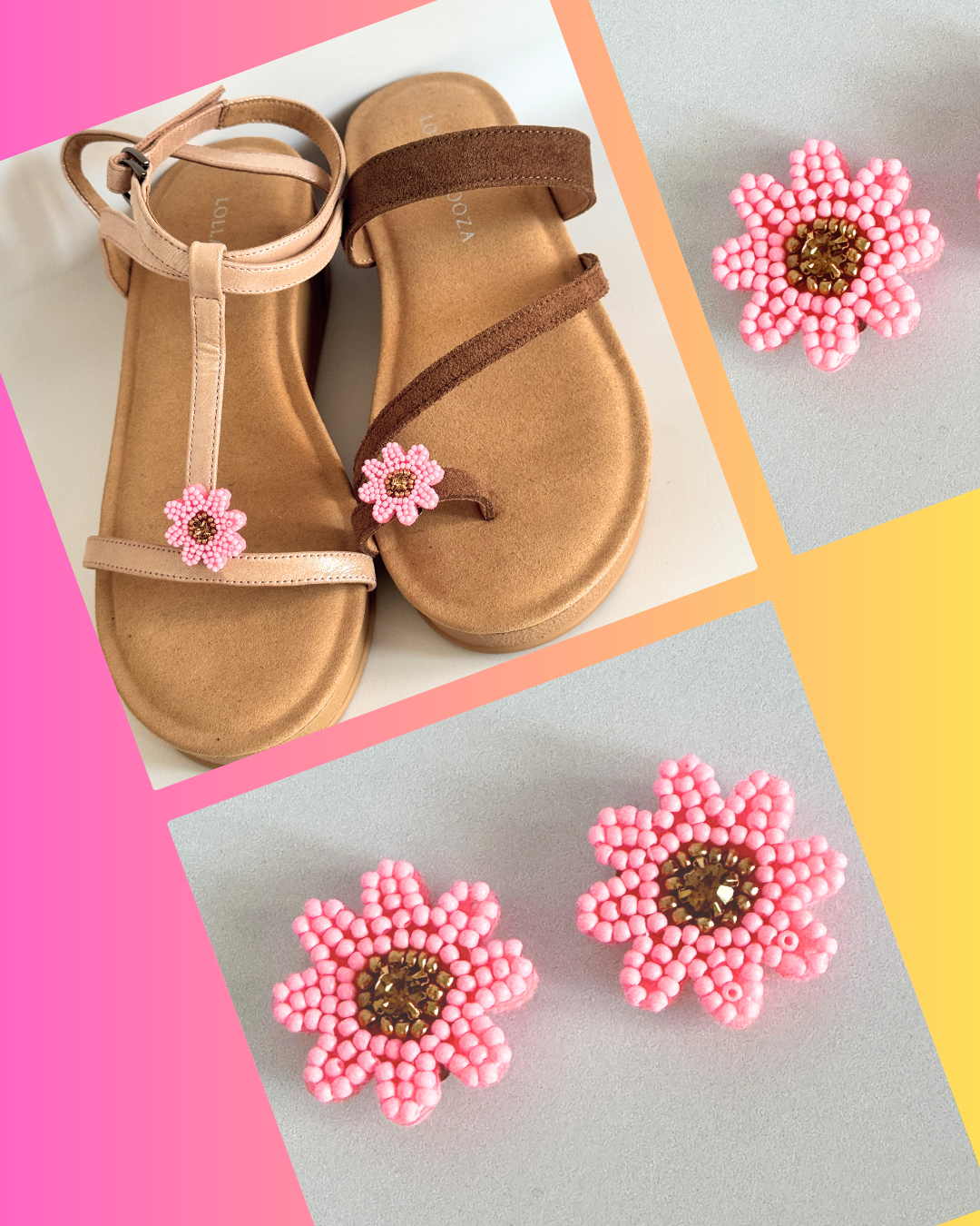 Clip On Small Beaded Pink and Gold Flowers